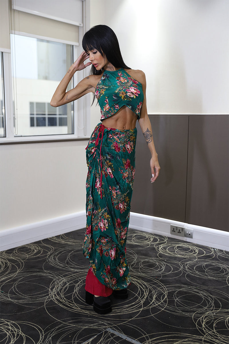 Emerald Green Floral Drape Saree with Halter Crop Top