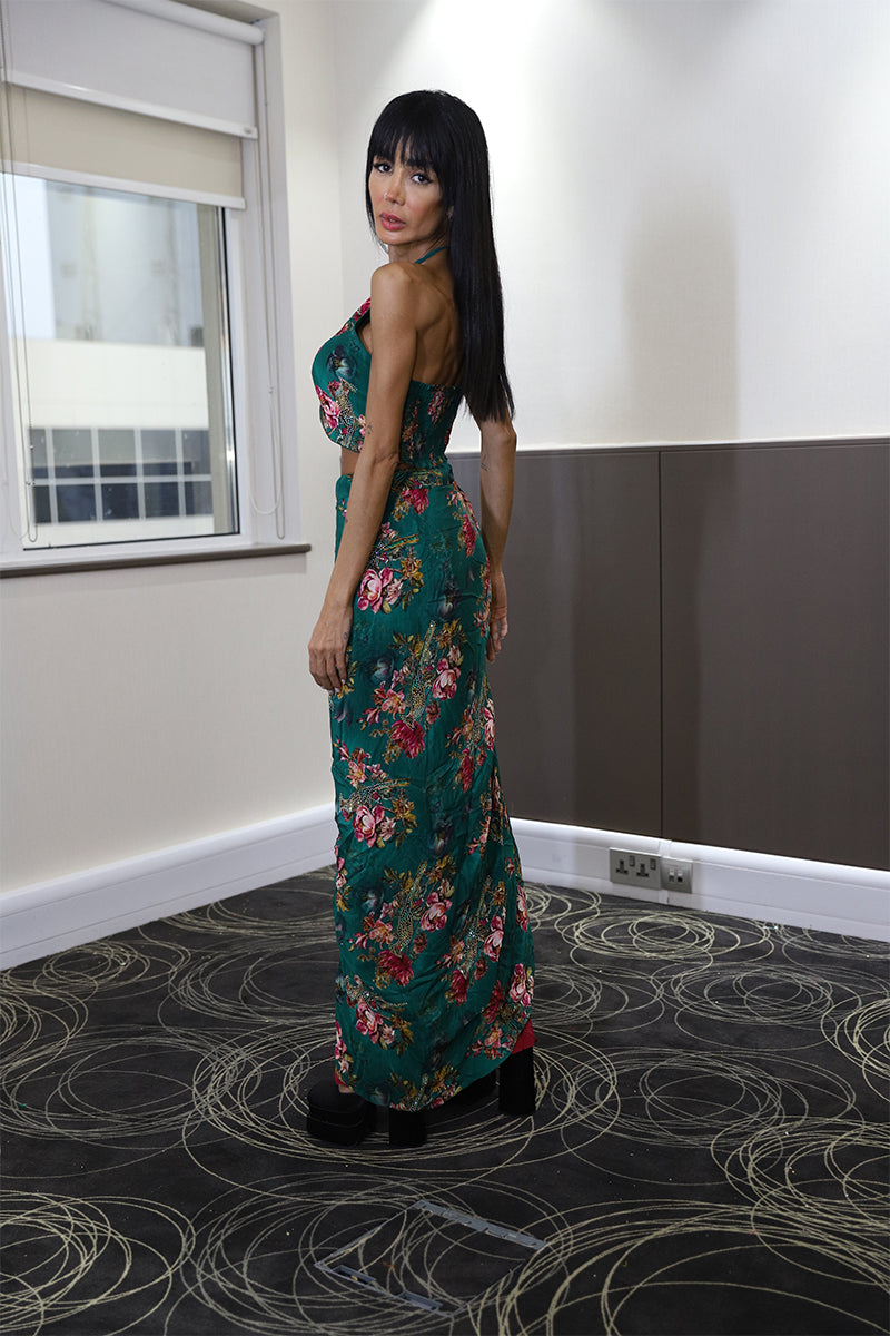 Emerald Green Floral Drape Saree with Halter Crop Top