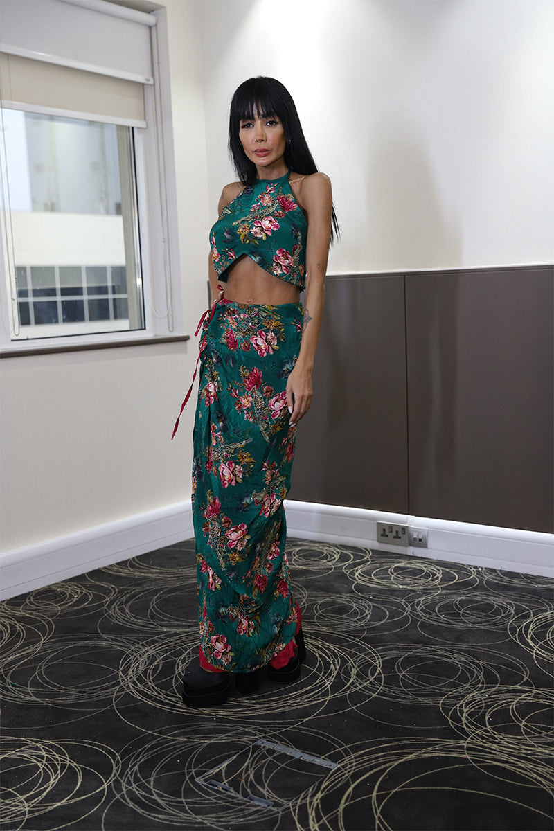 Emerald Green Floral Drape Saree with Halter Crop Top
