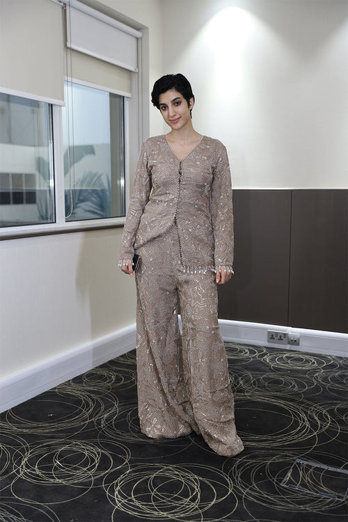 Embellished Beige Kurti & Palazzo Set – Modern Festive Wear