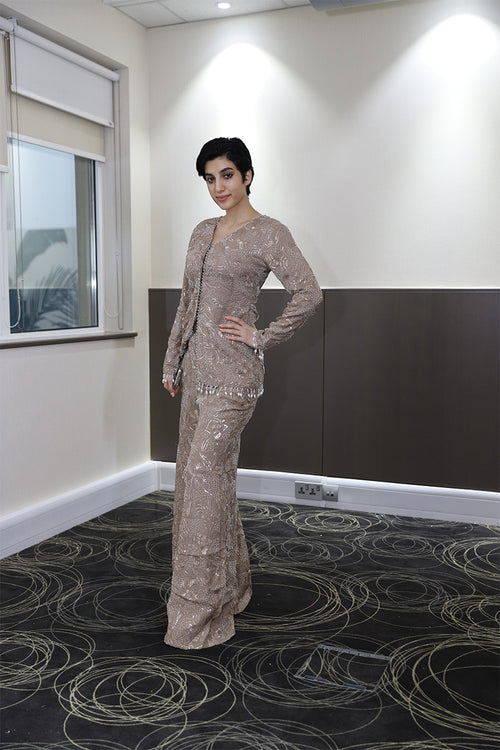 Embellished Beige Kurti & Palazzo Set – Modern Festive Wear