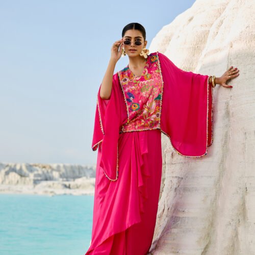 Hot Pink Embroidered Draped Skirt Co-ord Set