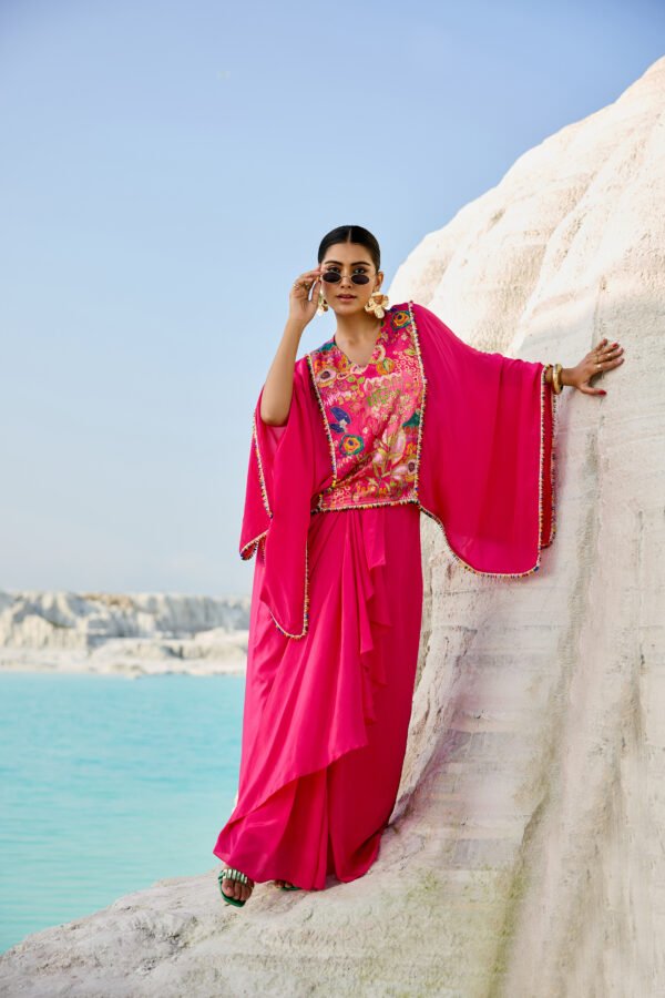 06-08-25_BNY100 Hot Pink Embroidered Draped Skirt Co-ord Set