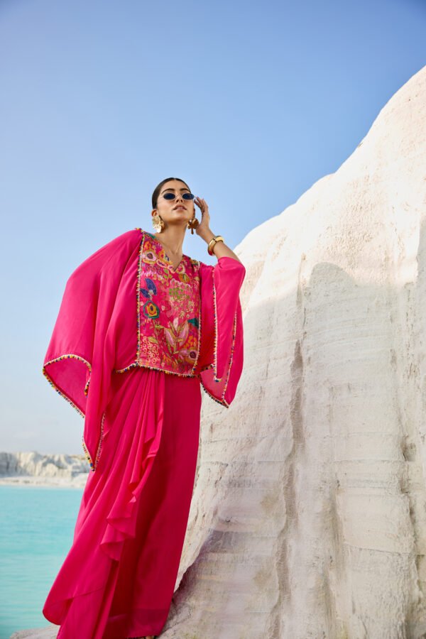 06-08-25_BNY112 Hot Pink Embroidered Draped Skirt Co-ord Set