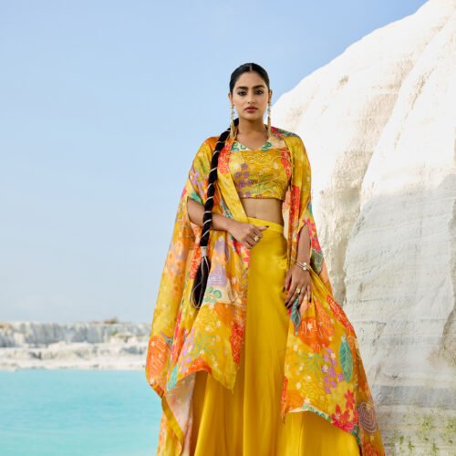 Yellow Floral Cape Co-ord Set With Flared Skirt