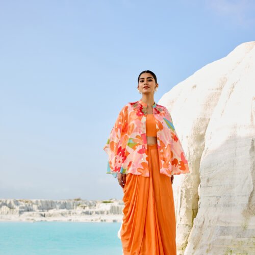 Sunset Bloom Draped Co-ord Set with Floral Cape