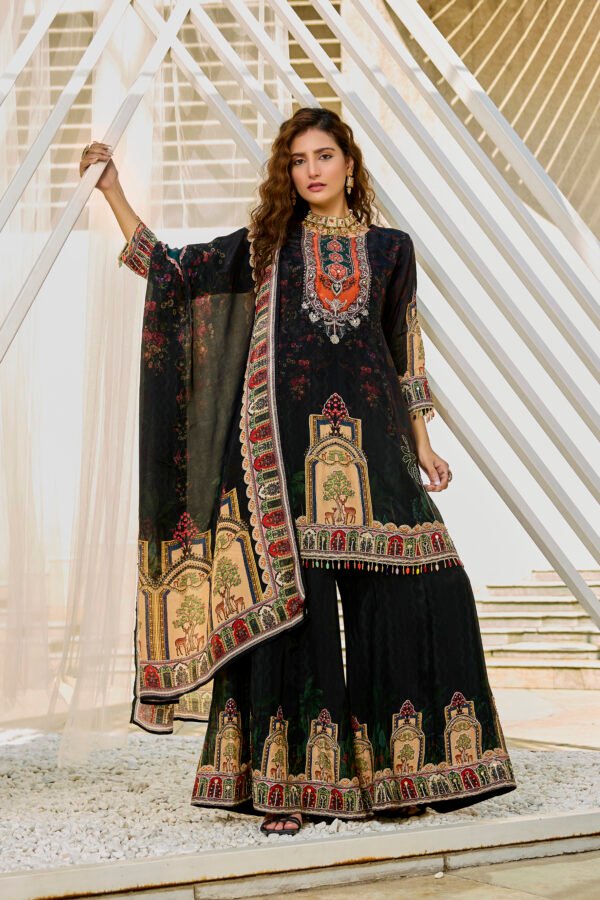 Black Printed Jacket Kurta Plazzo Set