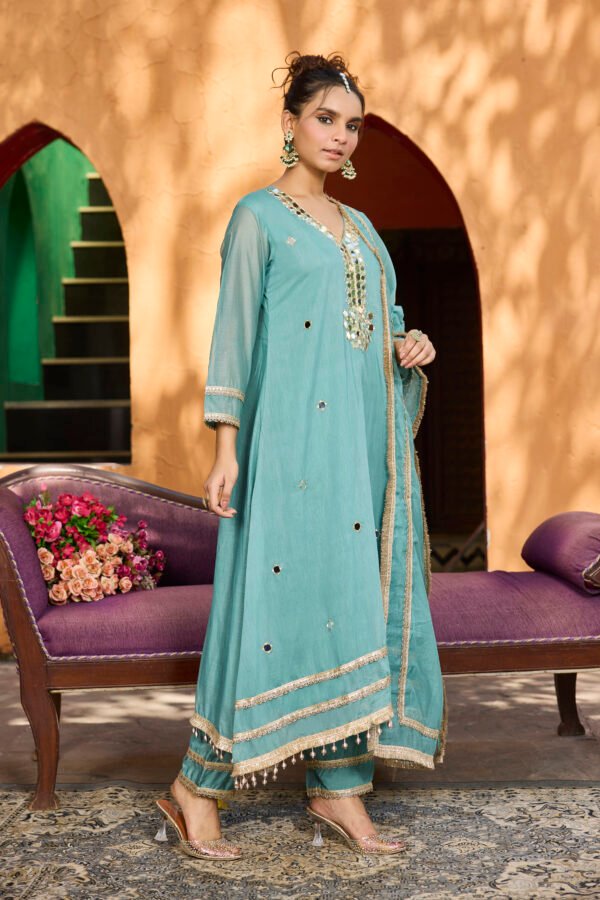 Aurelia Aqua Mirror Work Kurta Set