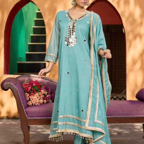 Aurelia Aqua Mirror Work Kurta Set