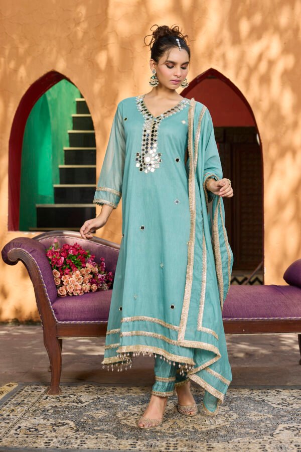 Aurelia Aqua Mirror Work Kurta Set