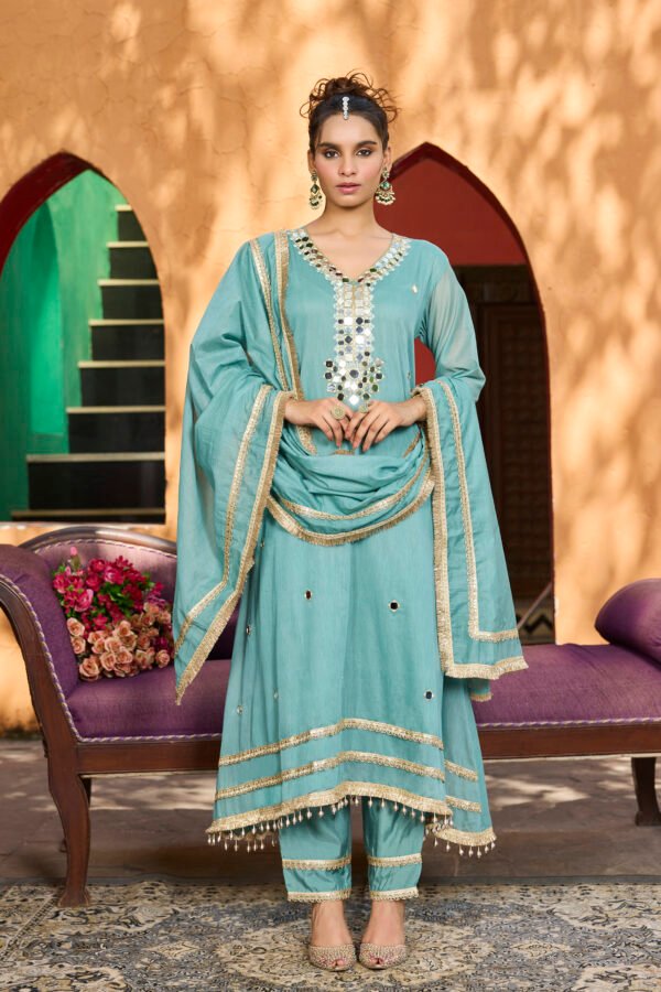 Aurelia Aqua Mirror Work Kurta Set