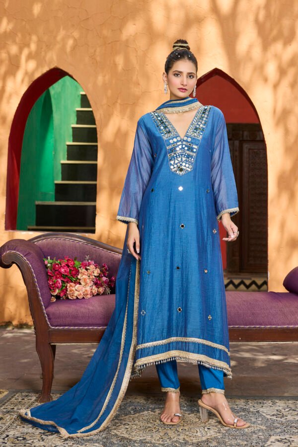 Royal Azure Embellished A-Line Suit Set