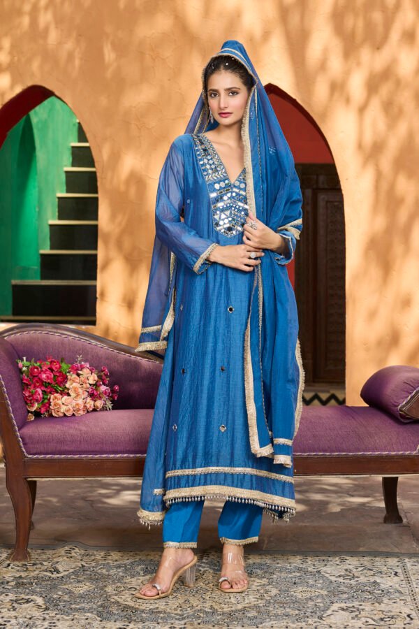 Royal Azure Embellished A-Line Suit Set